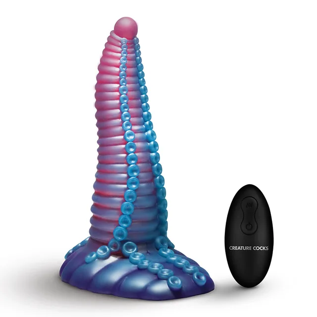XR Brands Creature Cocks Mega-Tenta vibrating dildo upright dildo with purple suction base and black remote