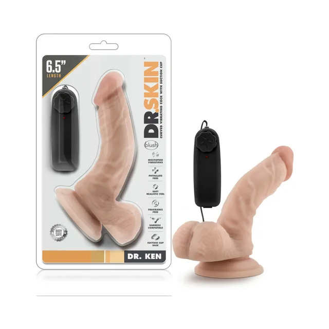 Blush Dr. Ken beige vibrator beside clear Dr. Skin retail package