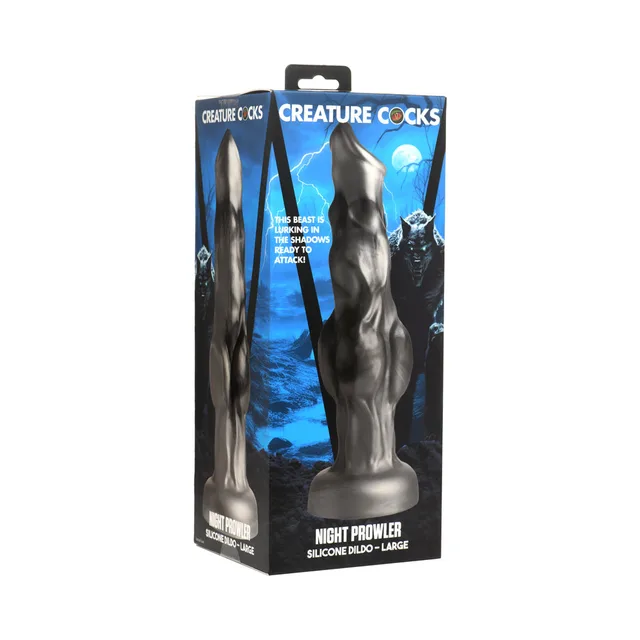 Creature Cocks Night Prowler large silver-gray dildo pictured upright in blue storm retail box