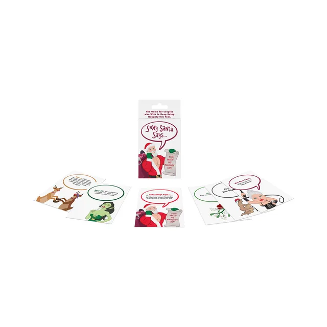 Sexy Santa Says white box with illustrated Santa, reindeer and holiday cards
