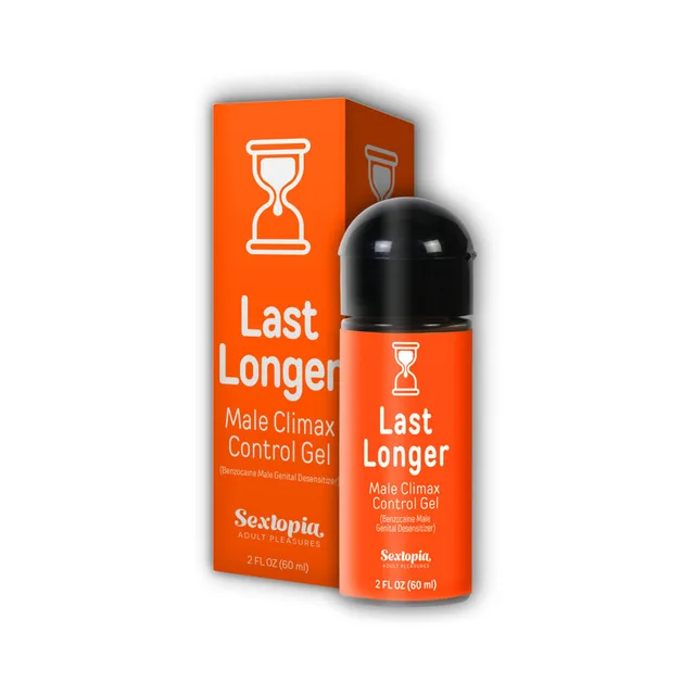 orange Sextopia Last Longer 2 oz pump bottle beside orange hourglass retail box