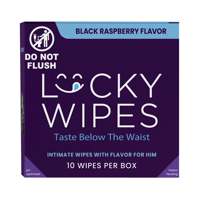 Sweetums Lucky Black Raspberry wipes 10-pack front view of the purple box with 10-wipes-per-box label