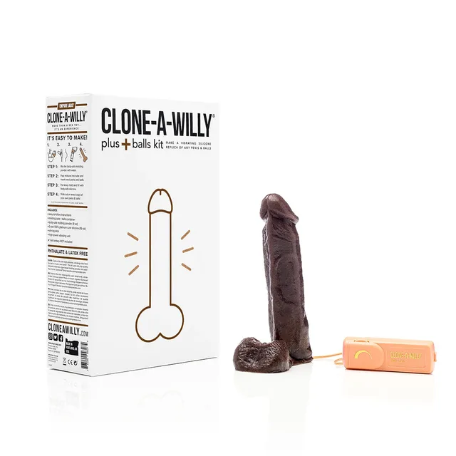 deep skin-tone Clone-A-Willy Plus model, vibrator and white kit box