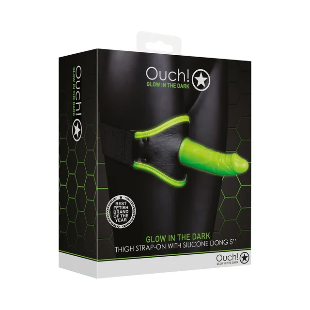 Ouch neon-green thigh harness and dildo retail box