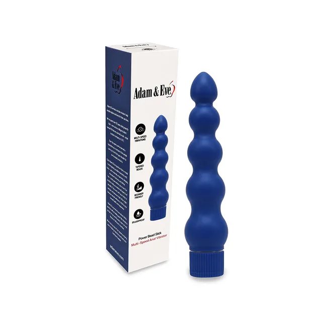 Blue vibrating Power Bead Stick standing beside navy and white box