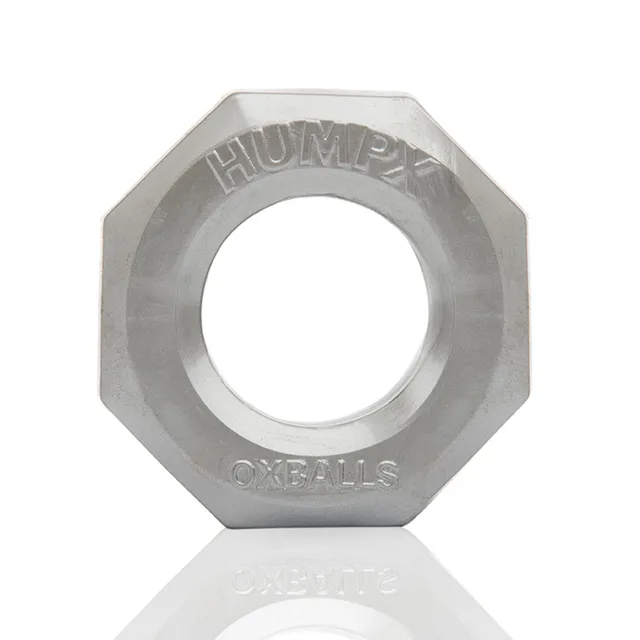 Oxballs HUMPX translucent steel-gray octagonal cock ring with embossed lettering
