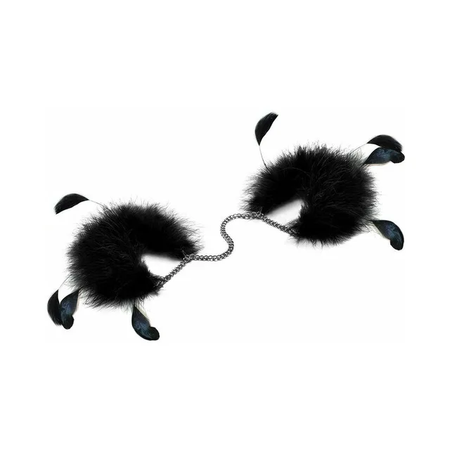 pair of black Za Za Zu feather cuffs with satin loops joined by silver-tone chain