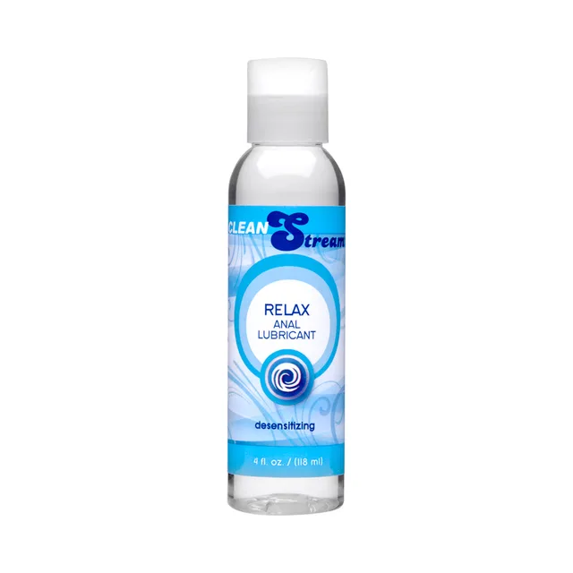 clear 4 fl oz CleanStream Relax anal lubricant bottle with blue label