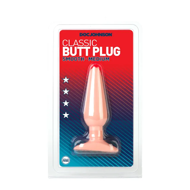 Medium flesh-tone Classic Butt Plug on red retail card