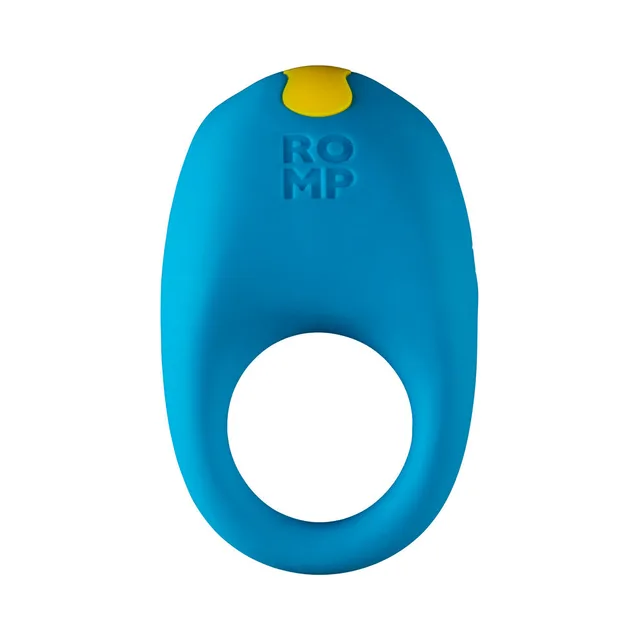 Front view of blue ROMP Juke ring with yellow control button