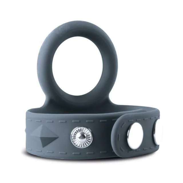 gray silicone cock and ball strap with round ring snap band and silver hardware