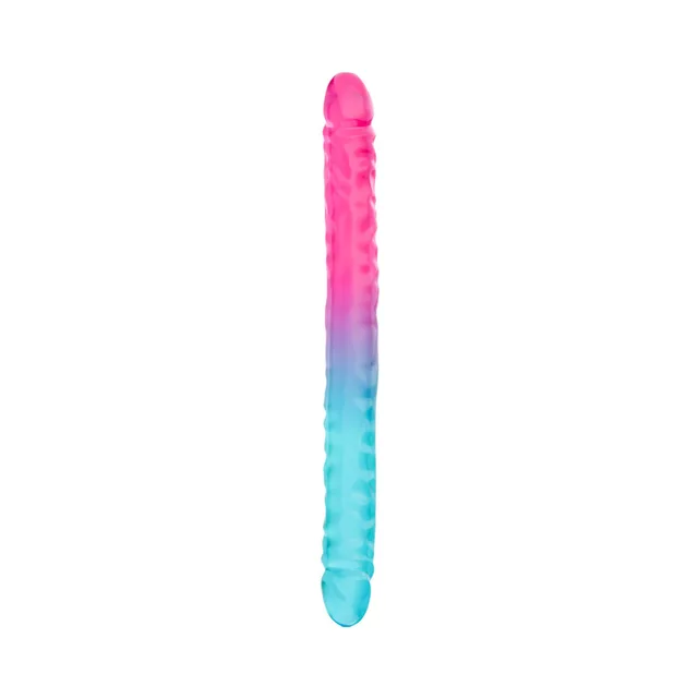 Blush B Yours Candy Papi gradient double-ended dildo upright view showing the pink-to-blue transition