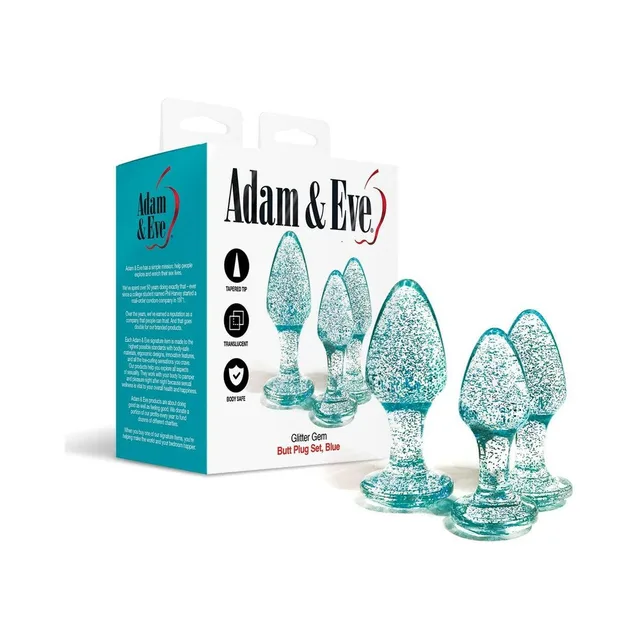 Adam & Eve blue glitter acrylic plug set with white and teal retail box