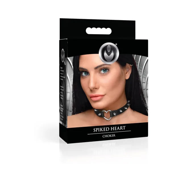 XR Brands Master Series black Spiked Heart choker with silver spikes and heart center on retail carton