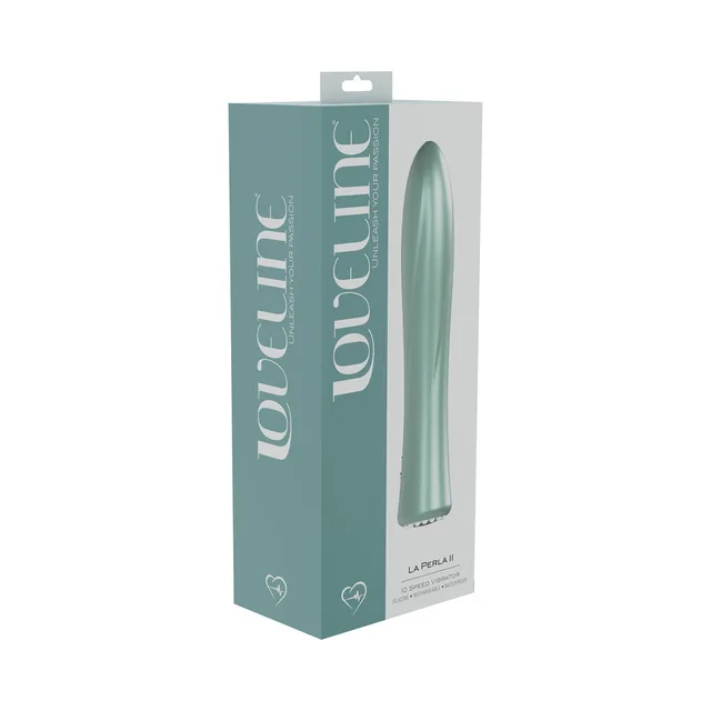 green LoveLine La Perla II silicone vibrator pictured on teal retail box