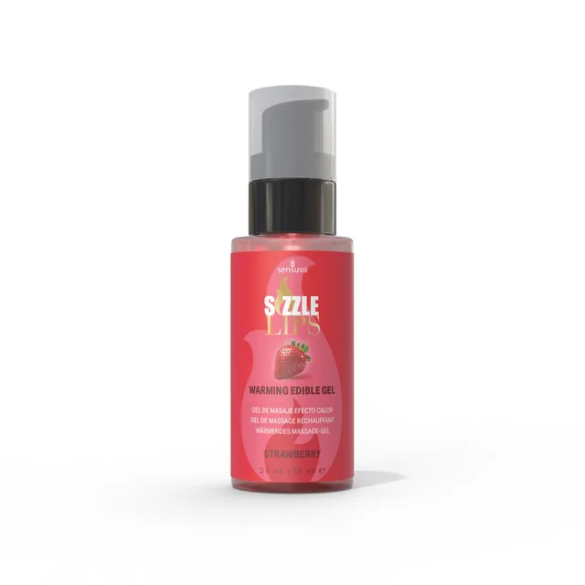Sensuva Sizzle Lips Strawberry gel in bright red pump bottle