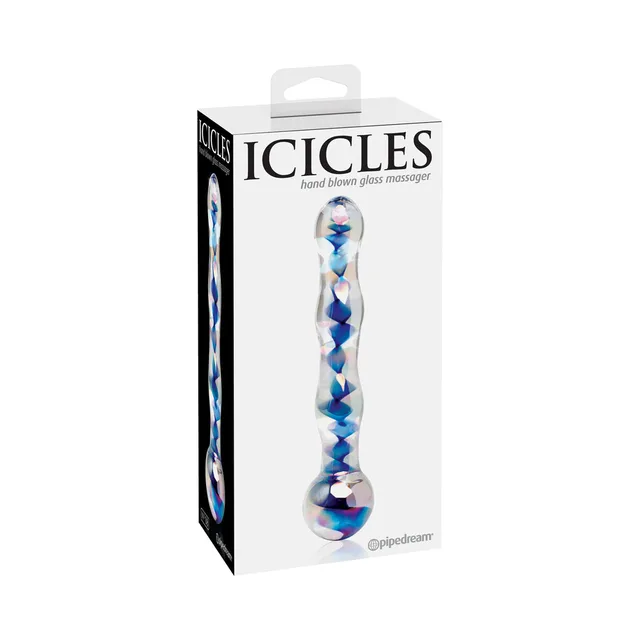 Icicles No. 8 wavy blue-and-clear glass dildo in retail box