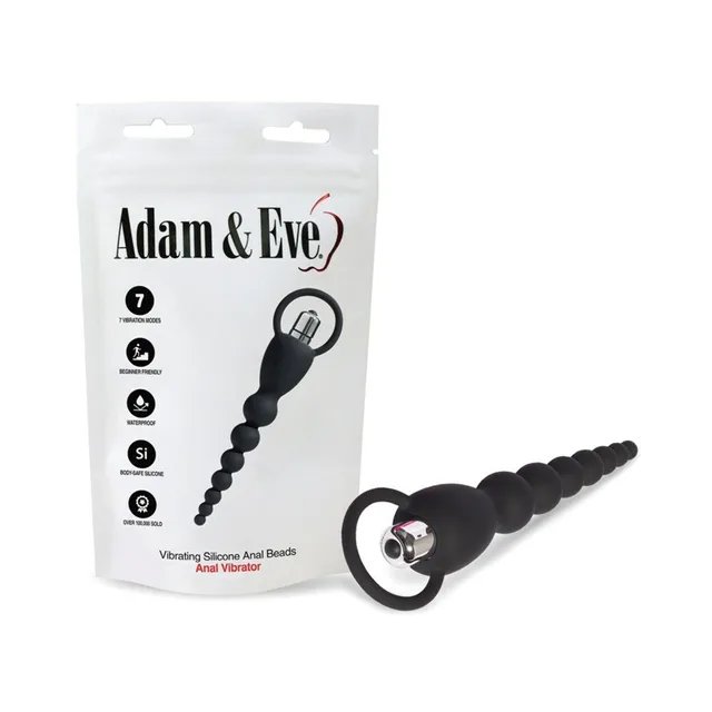 Adam & Eve black vibrating silicone anal beads beside white bag packaging