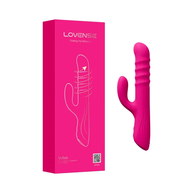 Lovense Velvo bright pink rabbit vibrator beside pink retail box
