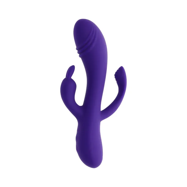 Selopa Triple Tickle purple three-arm vibrator upright front view with central shaft and two curved side arms