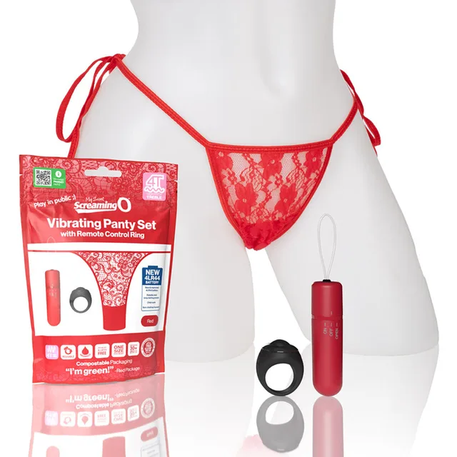 Red My Secret lace panty vibe set beside retail pouch