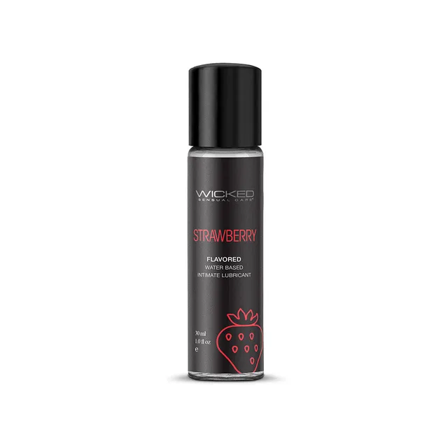 Wicked Aqua Strawberry 1 oz lubricant front of slim black bottle with red lettering and strawberry graphic
