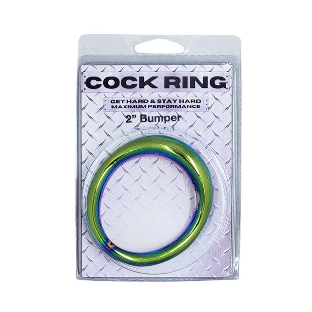 rainbow-finish 2-inch stainless steel bumper cock ring in clear retail pack