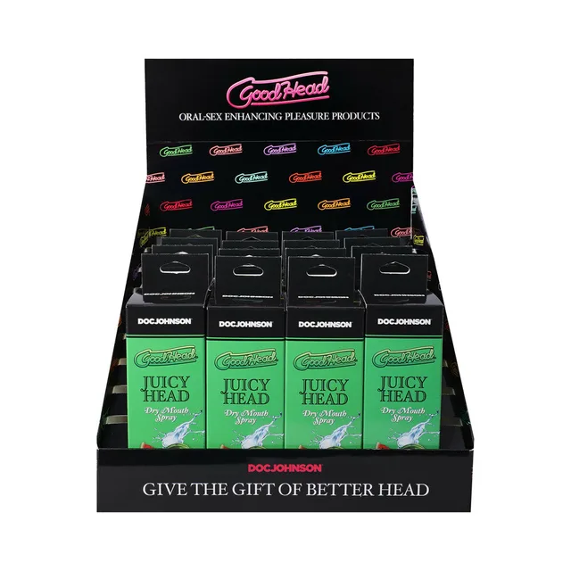Front view of GoodHead Juicy Head 16-unit bottle display
