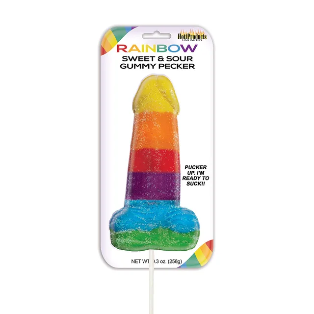 Jumbo Rainbow Sweet and Sour Gummy Pop multicolor molded candy on white rainbow blister card