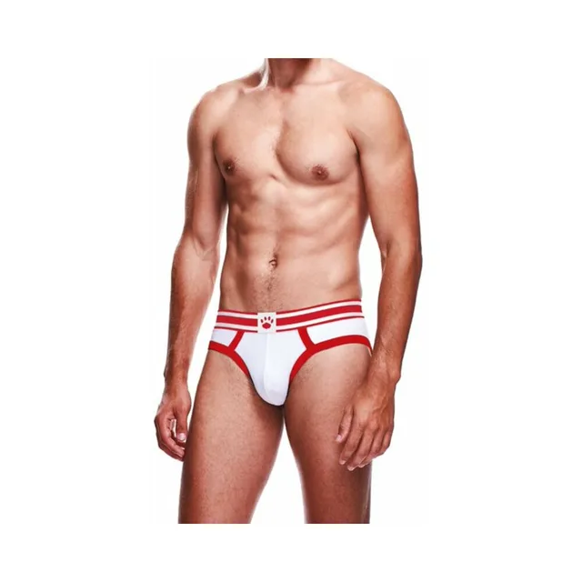 Front view of Prowler white brief with red double straps size M