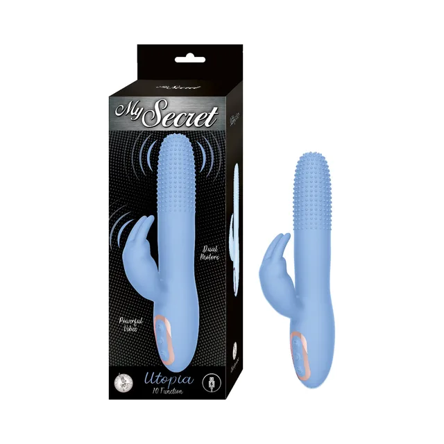 Lavender My Secret Utopia dual-arm vibrator beside black window box