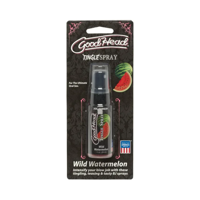 Doc Johnson GoodHead Wild Watermelon Tingle spray inside black retail card with matching fruit graphic