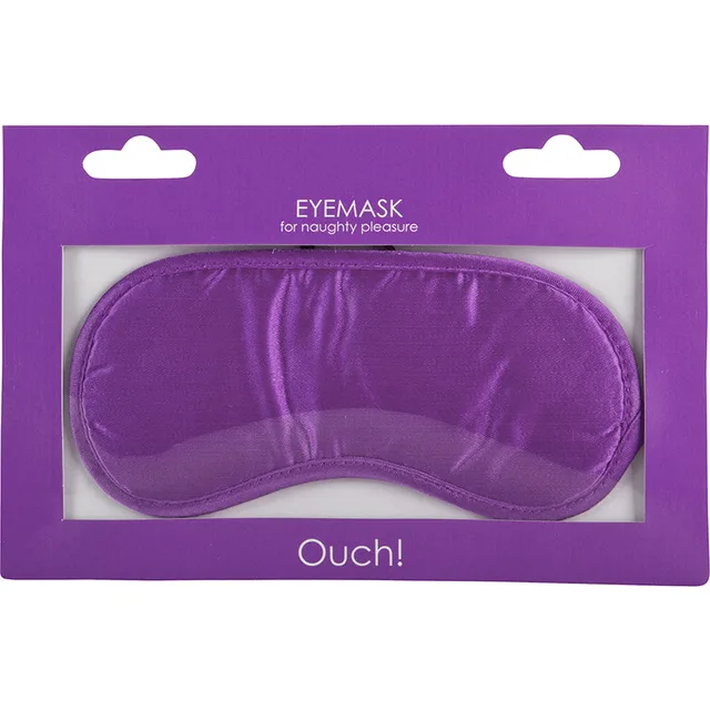 Purple Ouch eye mask blindfold with black elastic strap in retail card