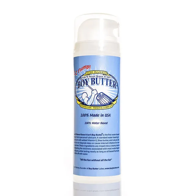 Boy Butter H2O 5 oz tall pump bottle with clear cap and pale blue label