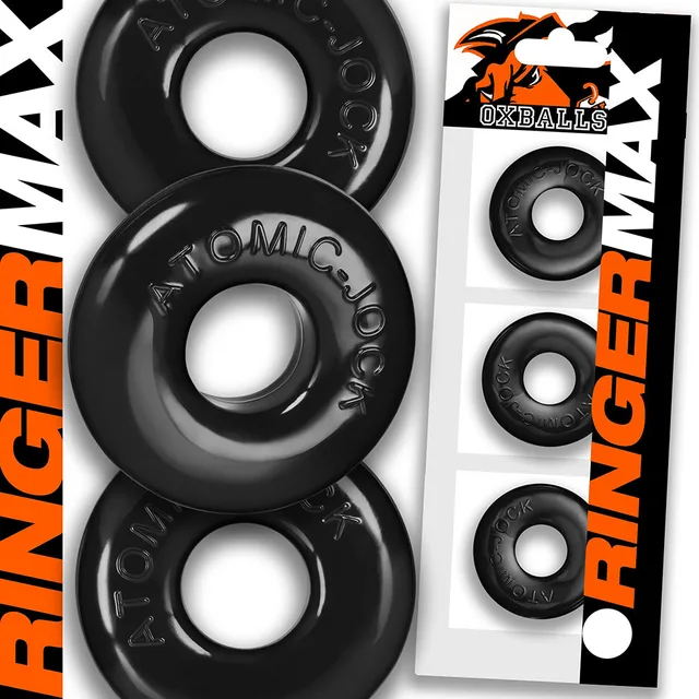 three black OxBalls Ringer Max rings beside black and white retail sleeve