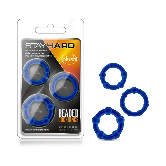 Stay Hard Beaded Cockrings three blue beaded rings beside retail package