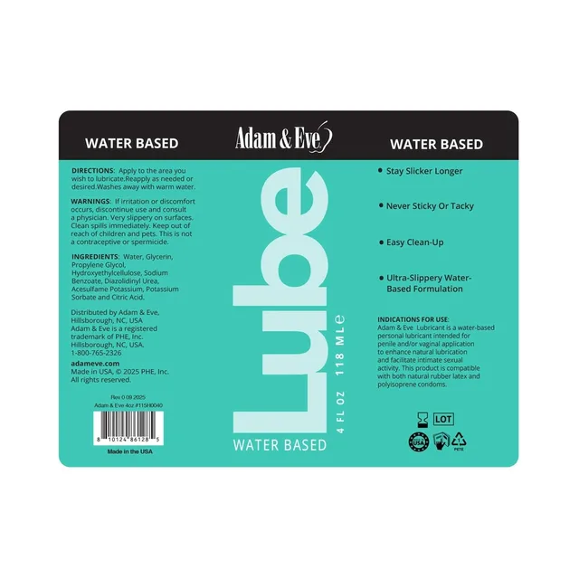 Adam & Eve clear water-based lubricant 4 fl oz flattened turquoise front and rear label artwork