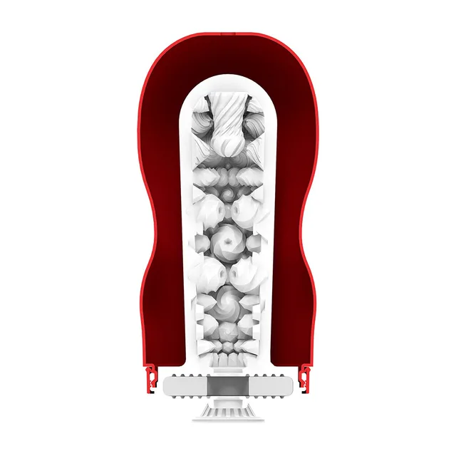 TENGA Super Meteor Smash red and white stroker cutaway of the clear sleeve with mixed rings and raised nodes