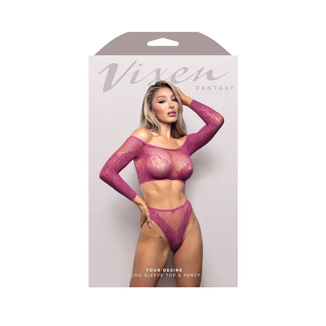 Your Desire magenta long-sleeve top and panty set retail box