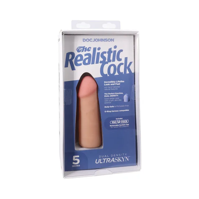 5-inch vanilla Realistic Cock ULTRASKYN dildo displayed in blue window package