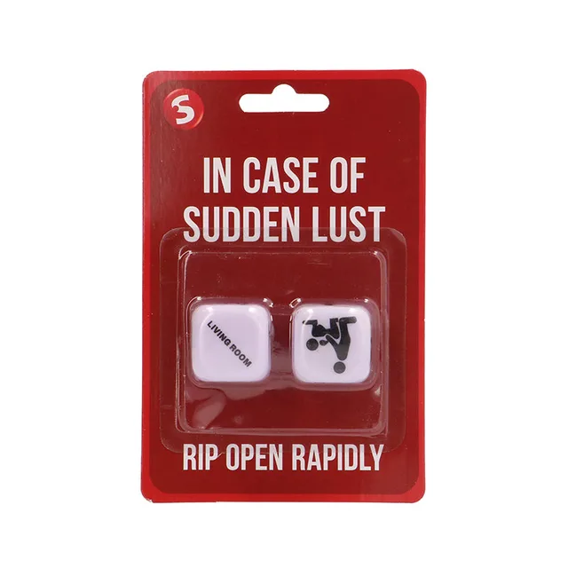 Two white In Case of Sudden Lust dice in red hanging package