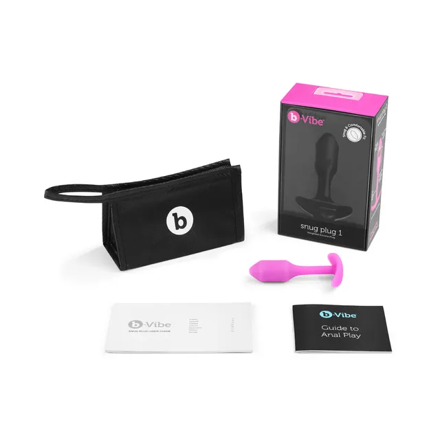 Fuchsia b-Vibe Snug Plug 1 with pouch, box and printed guides