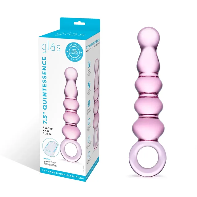 Glas Quintessence Pink Glass Slider turquoise white retail box beside pink glass piece