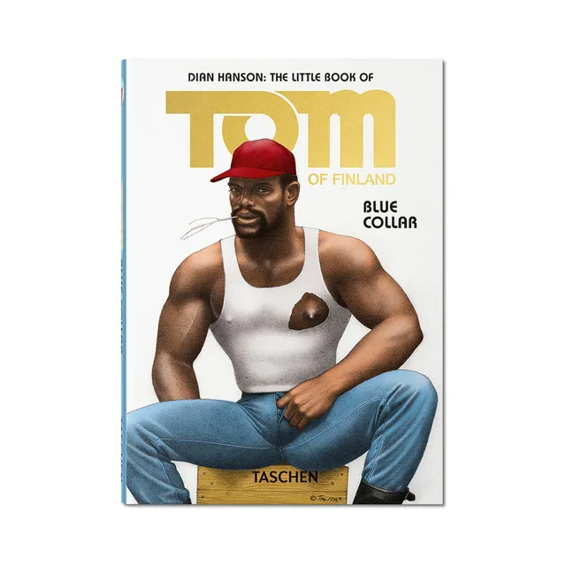 white Tom of Finland Blue Collar pocket cover with seated worker in red cap and jeans