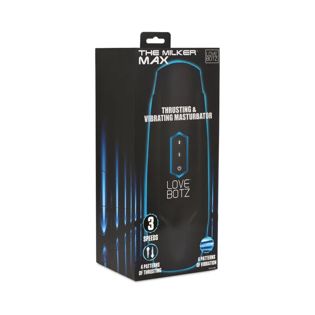 LoveBotz Milker Max black masturbator retail box with blue line graphics