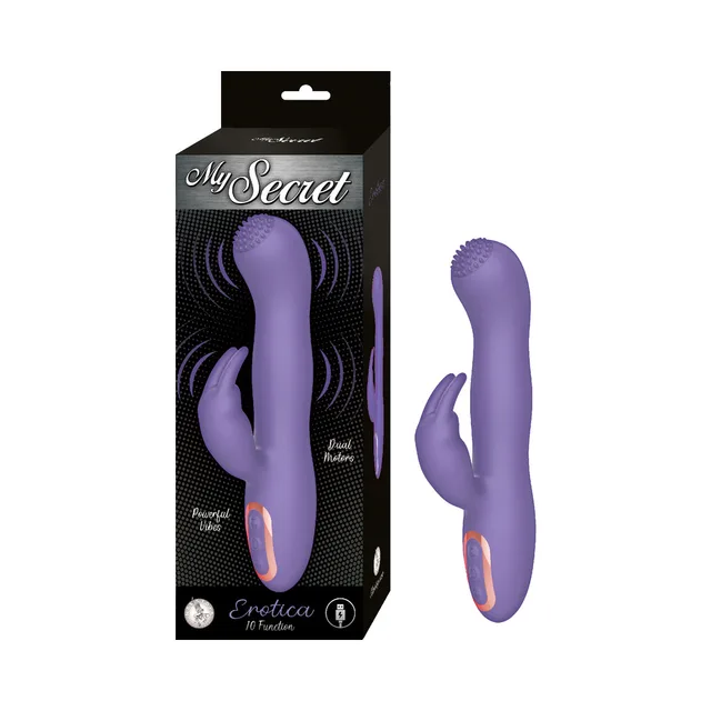 Purple My Secret Erotica dual-arm vibrator beside black window box