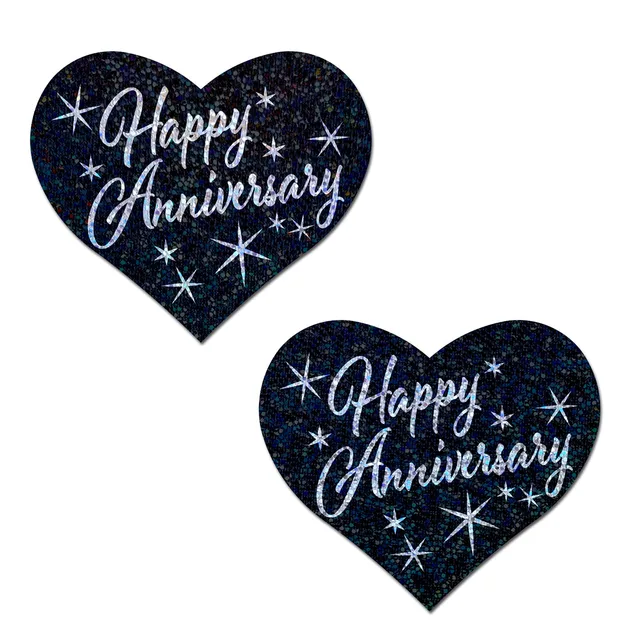 dark heart Pastease pasties with silver Happy Anniversary script and stars