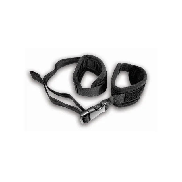 Pair of black padded handcuffs joined by adjustable buckle strap