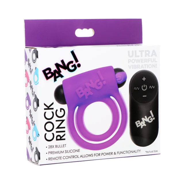 purple BANG silicone double cock ring with black bullet and wireless remote on box