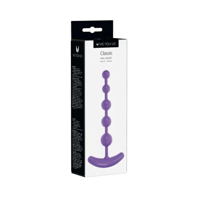 purple Me You Us Classic five graduated anal beads with curved handle on retail box